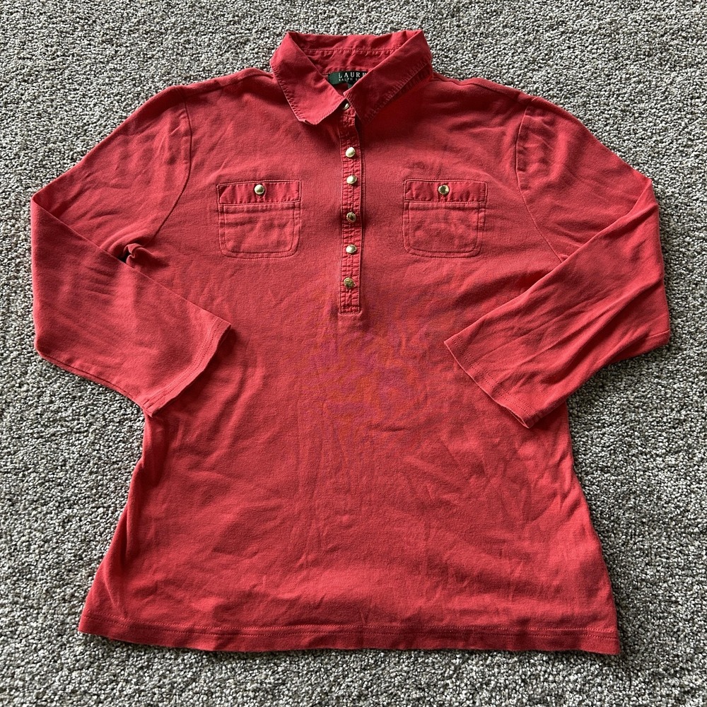 Lauren Ralph Lauren Shirt Womens M Red Collared 3/4 Sleeve Jersey Polo Top